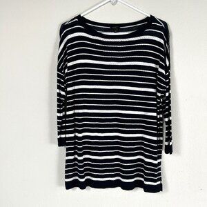 Talbots Sweater‎ Womens Petite L LP Blue White Striped  Linen Viscose 3/4 Sleeve